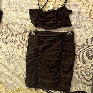 MRT 1030 Brown 2 piece ruched skirt and top set
